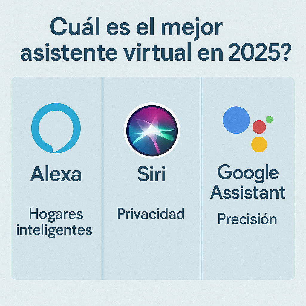 Tabla que clasifica los asistentes virtuales más conocidos en 2025 según su enfoque y fortalezas.