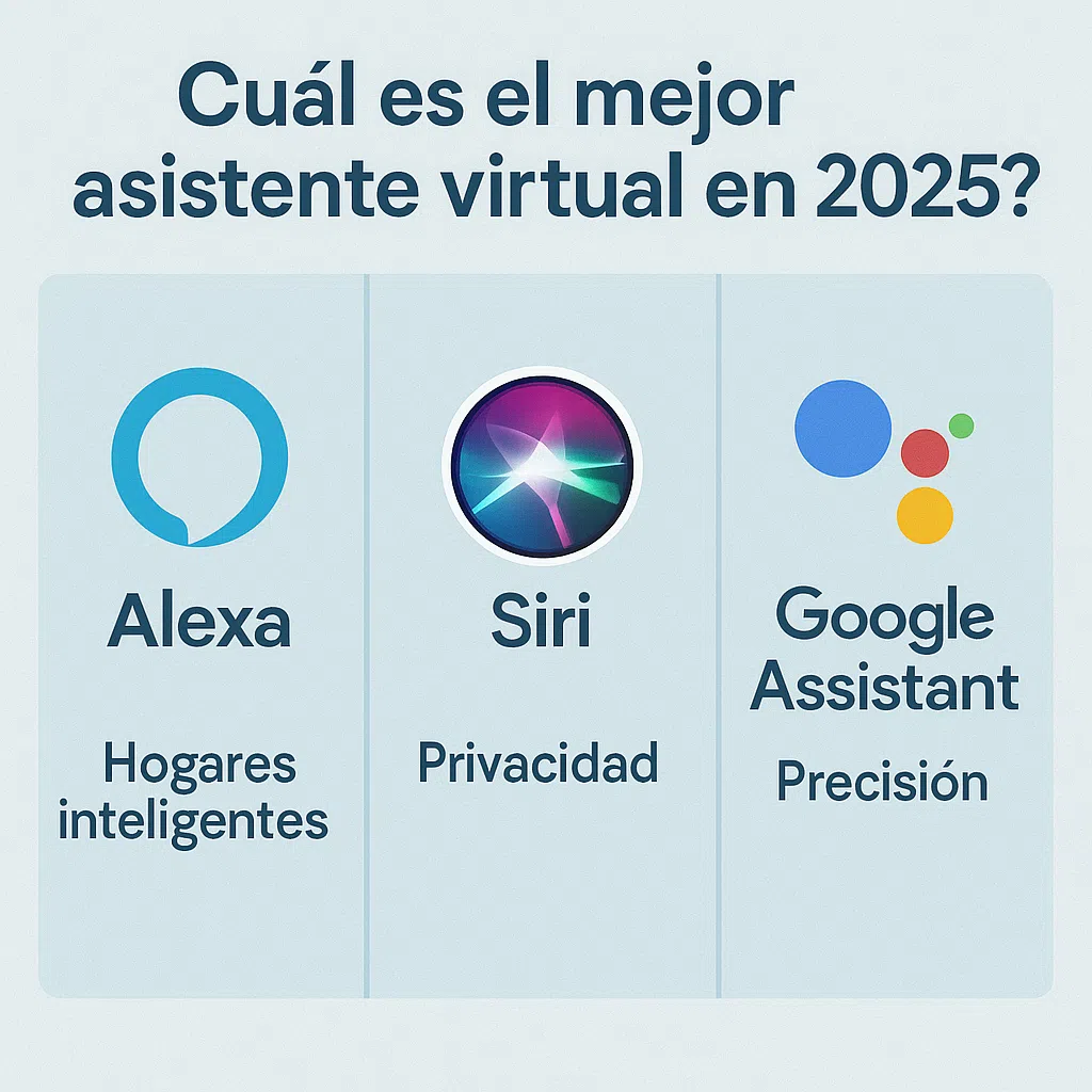 Tabla que clasifica los asistentes virtuales más conocidos en 2025 según su enfoque y fortalezas.