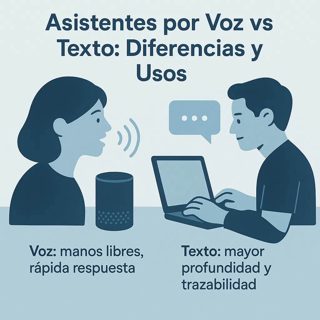 Comparación visual entre asistentes virtuales por voz y por texto, ejemplificada con una mujer hablando a un altavoz y un hombre usando una laptop.