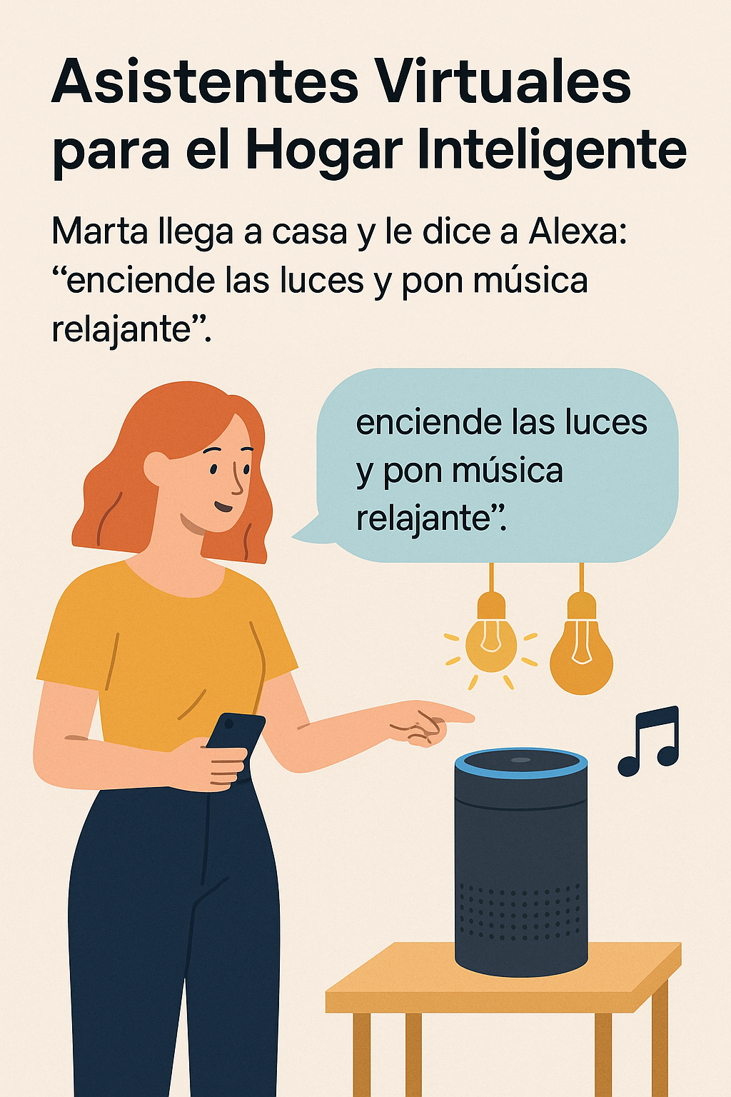 Mujer usando Alexa para automatizar su hogar con comandos de voz como “enciende las luces y pon música relajante. Asistentes Virtuales inteligentes