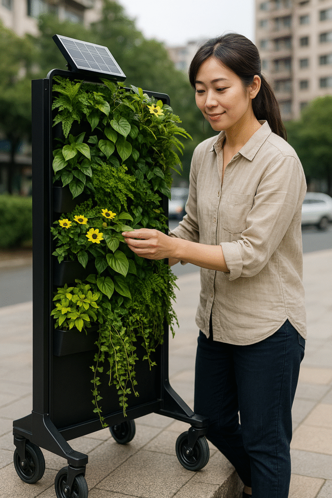 mujer japonesa crea un jardín vertical móvil